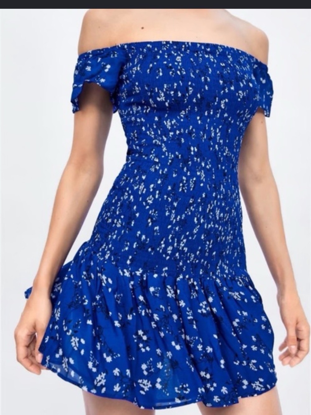 Zara Royal Blue Floral Off-Shoulder Dress